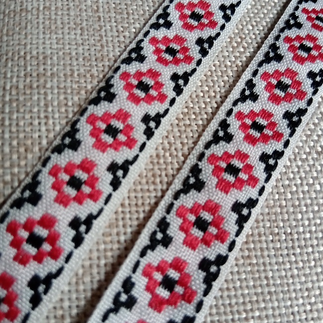 Стрічка жаккардова Українский орнамент, 17 мм. (білий, чорний, червоний)