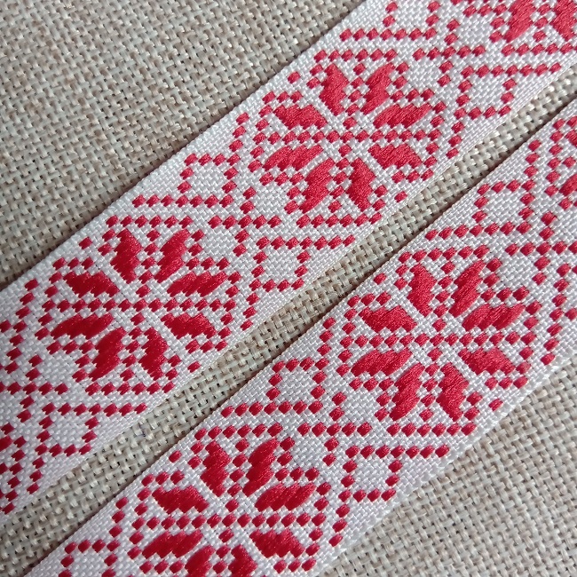 Стрічка жаккардова Українский орнамент, 25 мм. (білий, червоний)