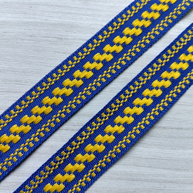 Стрічка жаккардова Українский орнамент, 20 мм. (синій, жовтий)