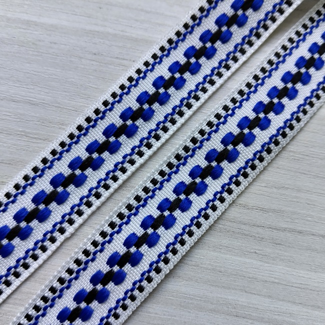 Стрічка жаккардова Українский орнамент, 20 мм. (білий, синій, чорний)