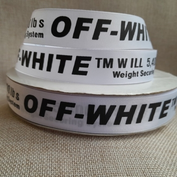 Репсова стрічка OFF- WHITE, 2,5 см, біла з чорними буквами.