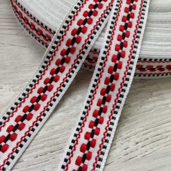 Стрічка жаккардова Українский орнамент, 20 мм. (білий, червоний, чорний)