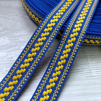 Стрічка жаккардова Українский орнамент, 20 мм. (синій, жовтий)