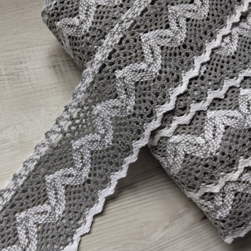 Мереживо натуральне бавовняне, 60 мм, сірий з білим