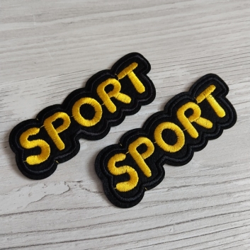 Нашивка клейова, Спорт, чорна з жовтим написом 95х35 мм